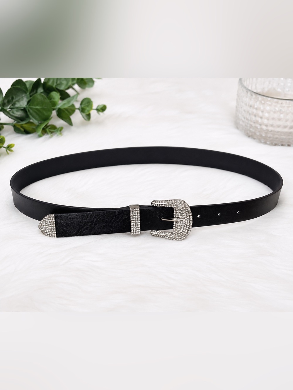 Fashion Nova Black Belt with Rhinestone Western Buckle